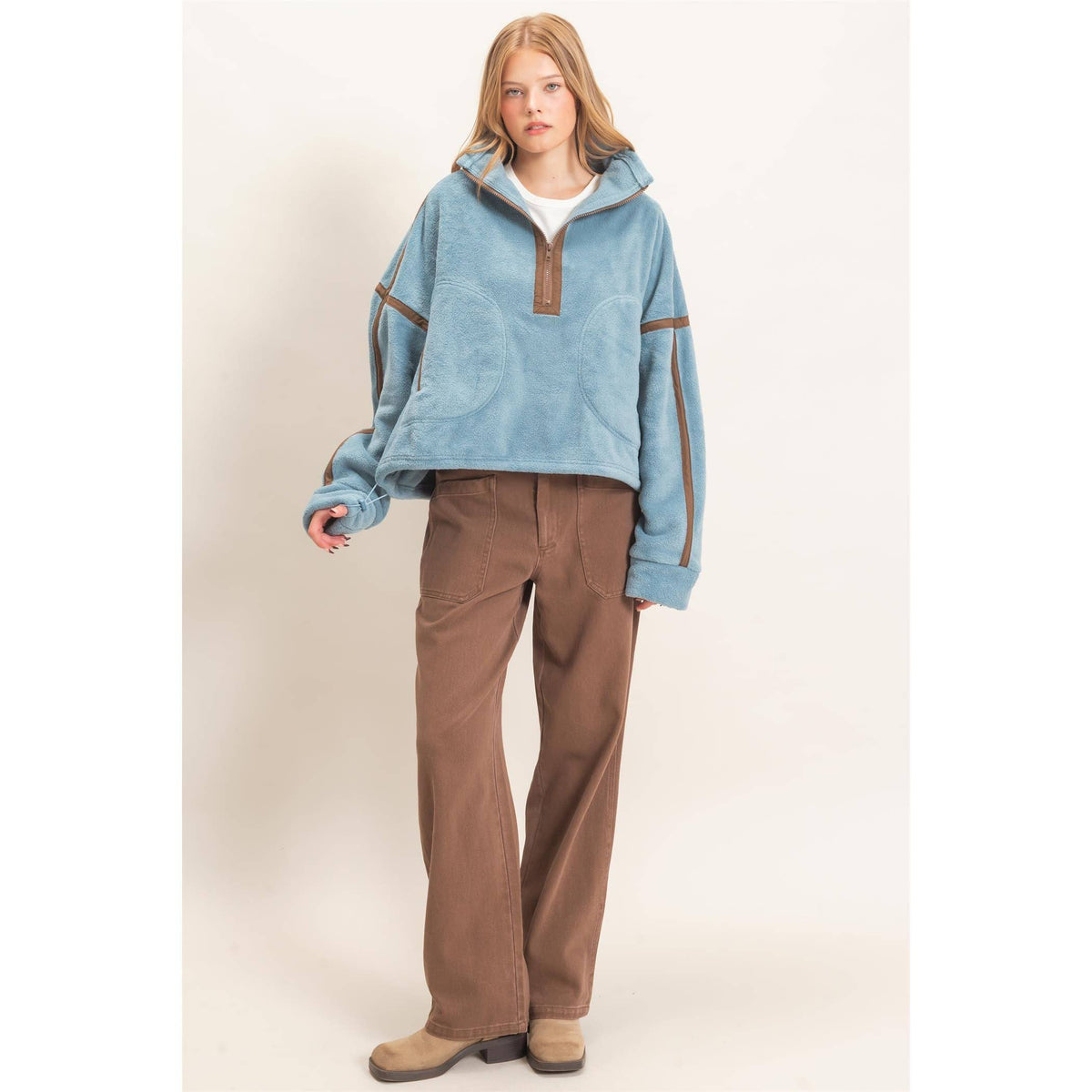 Contrast Trim Half-Zip Fleece Pullover