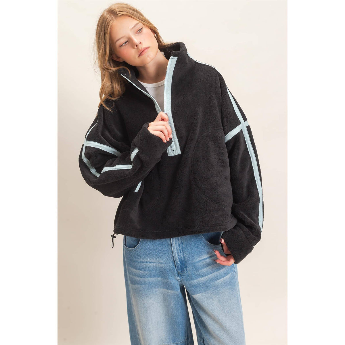 Contrast Trim Half-Zip Fleece Pullover