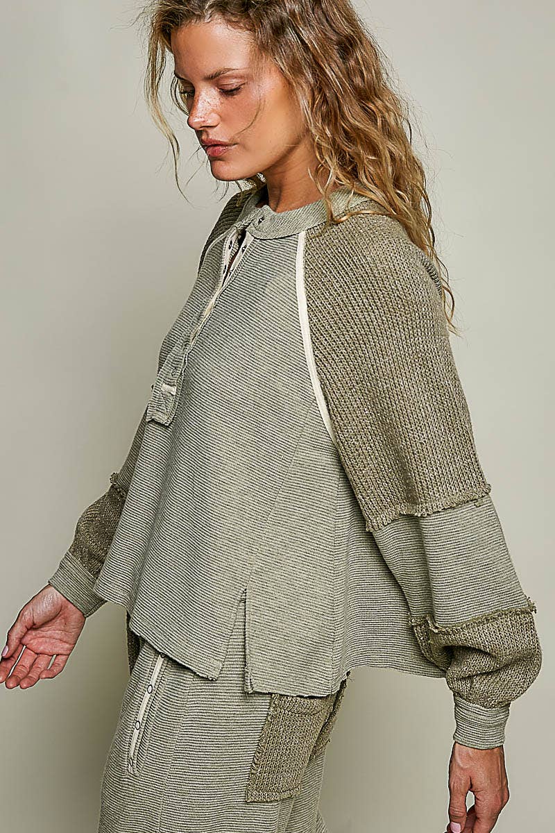 Pol Clothing Solid Thermal Cut and Sew Knit Sweater Patch Top