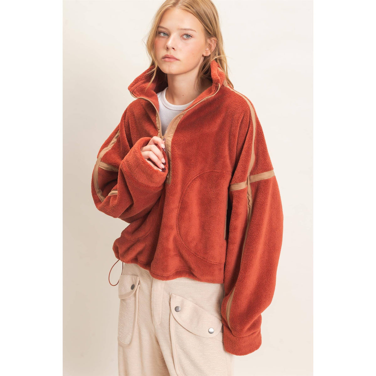 Contrast Trim Half-Zip Fleece Pullover