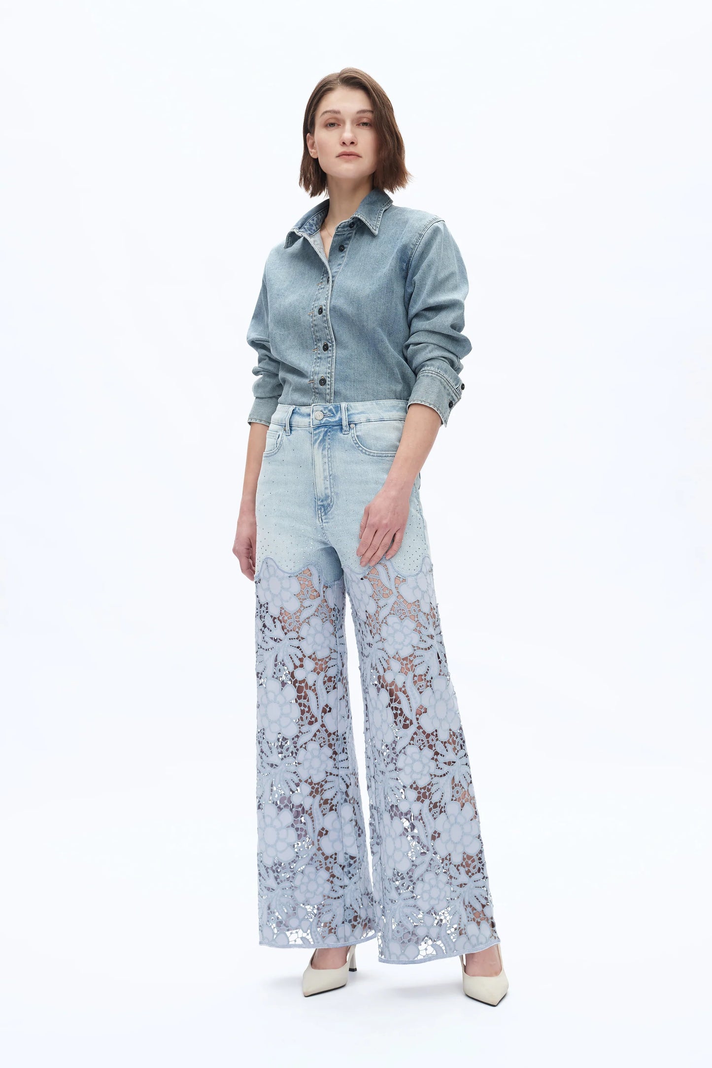 Bayeas Light Blue Lace Jeans with Rhinestones