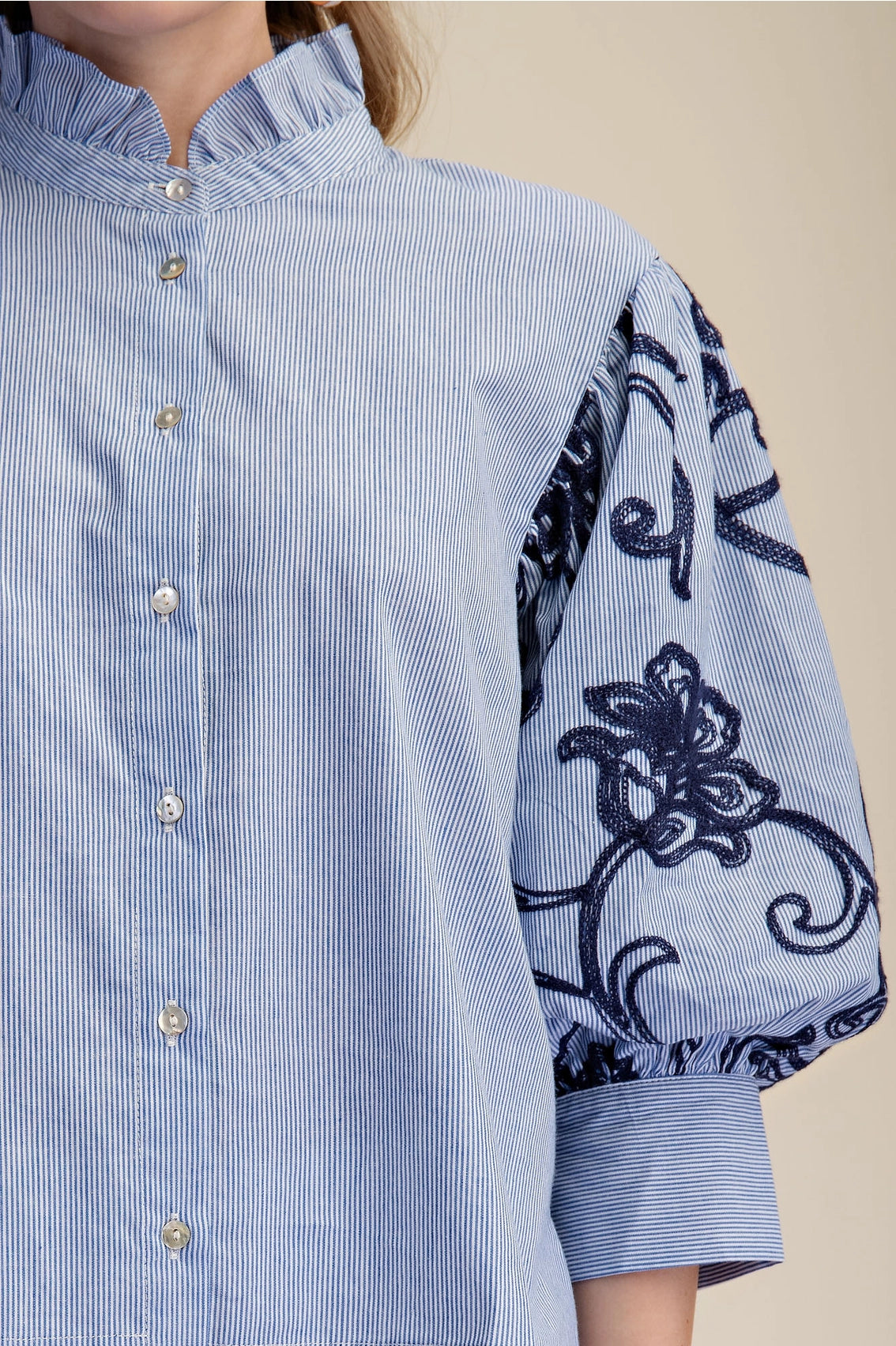 Ruffle Neck Embroidery Puff Sleeve Blouse