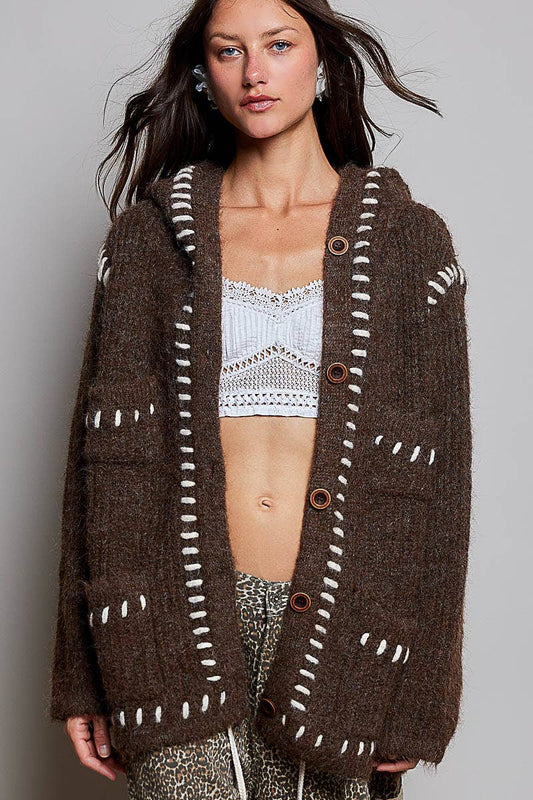 Pol Hooded Button Front Contrast Stitch Pocket Cardigan