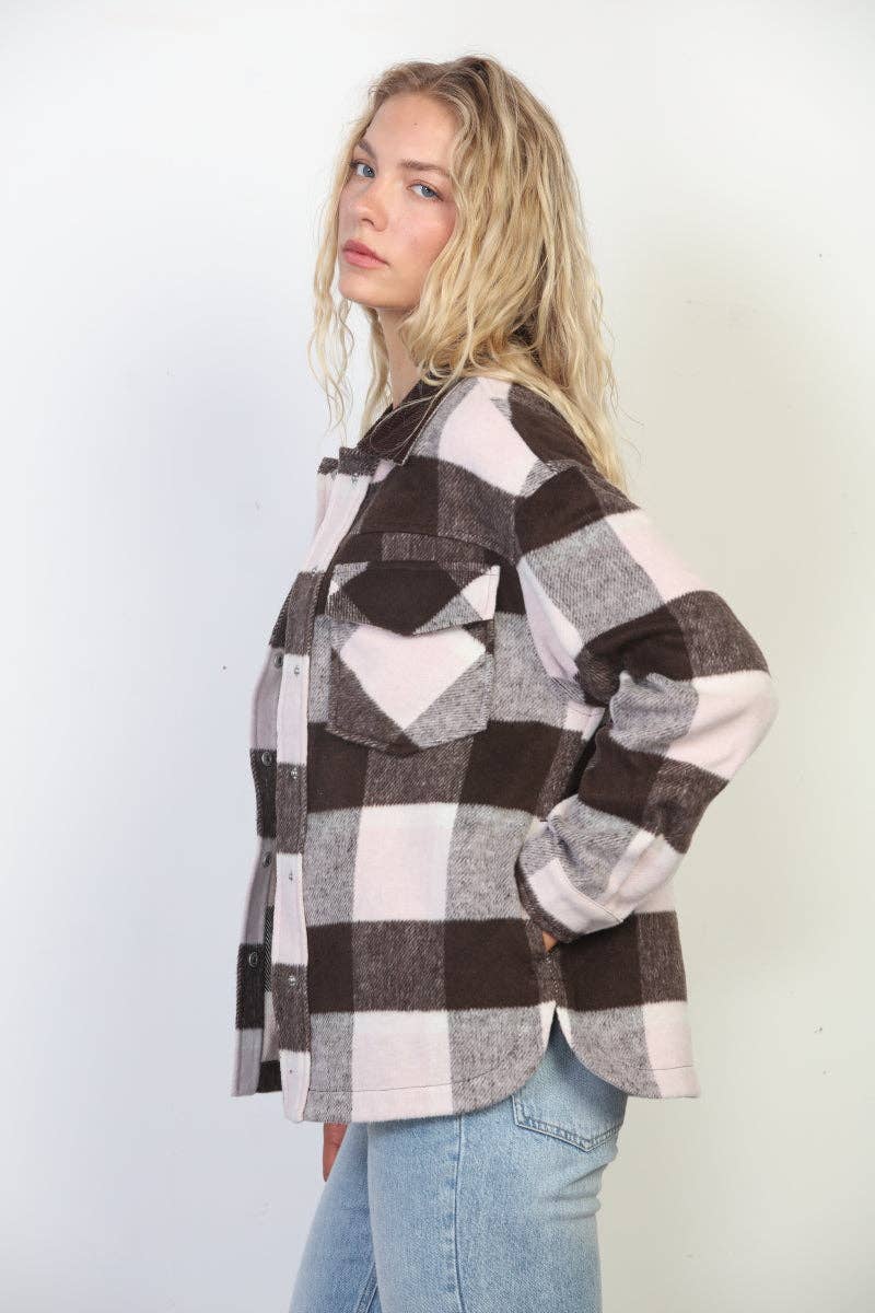 Wool Like Plaid Shacket With Contrast Corduroy Collar
