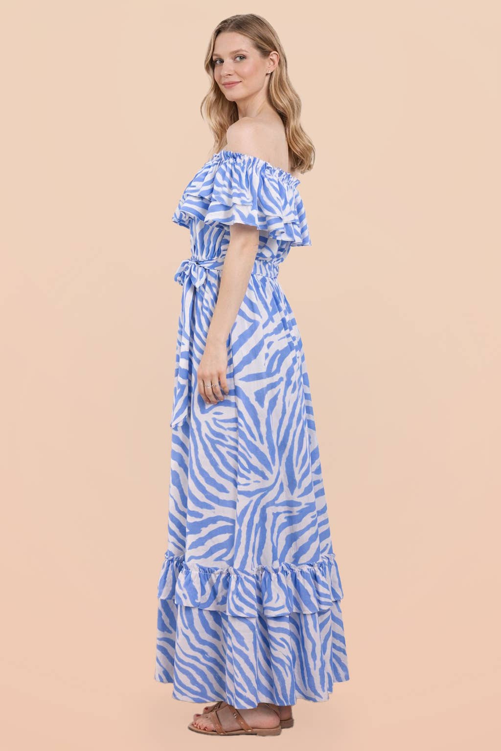 Zebra Printed Off Shoulder Maxi Resort Dress