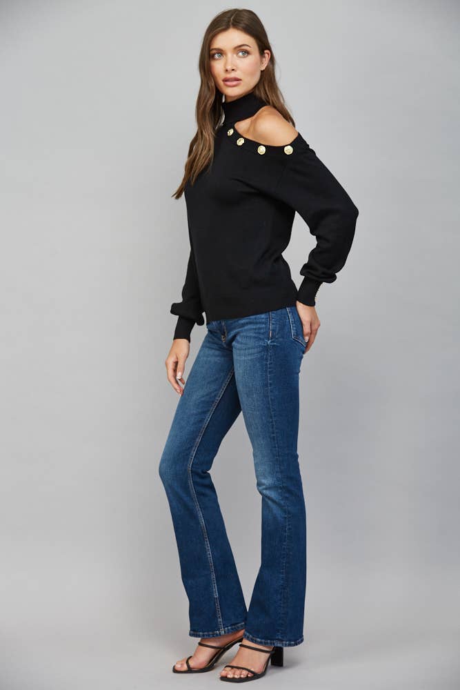 Asymmetrical One-Shoulder With Gold Button Detailing Turtleneck