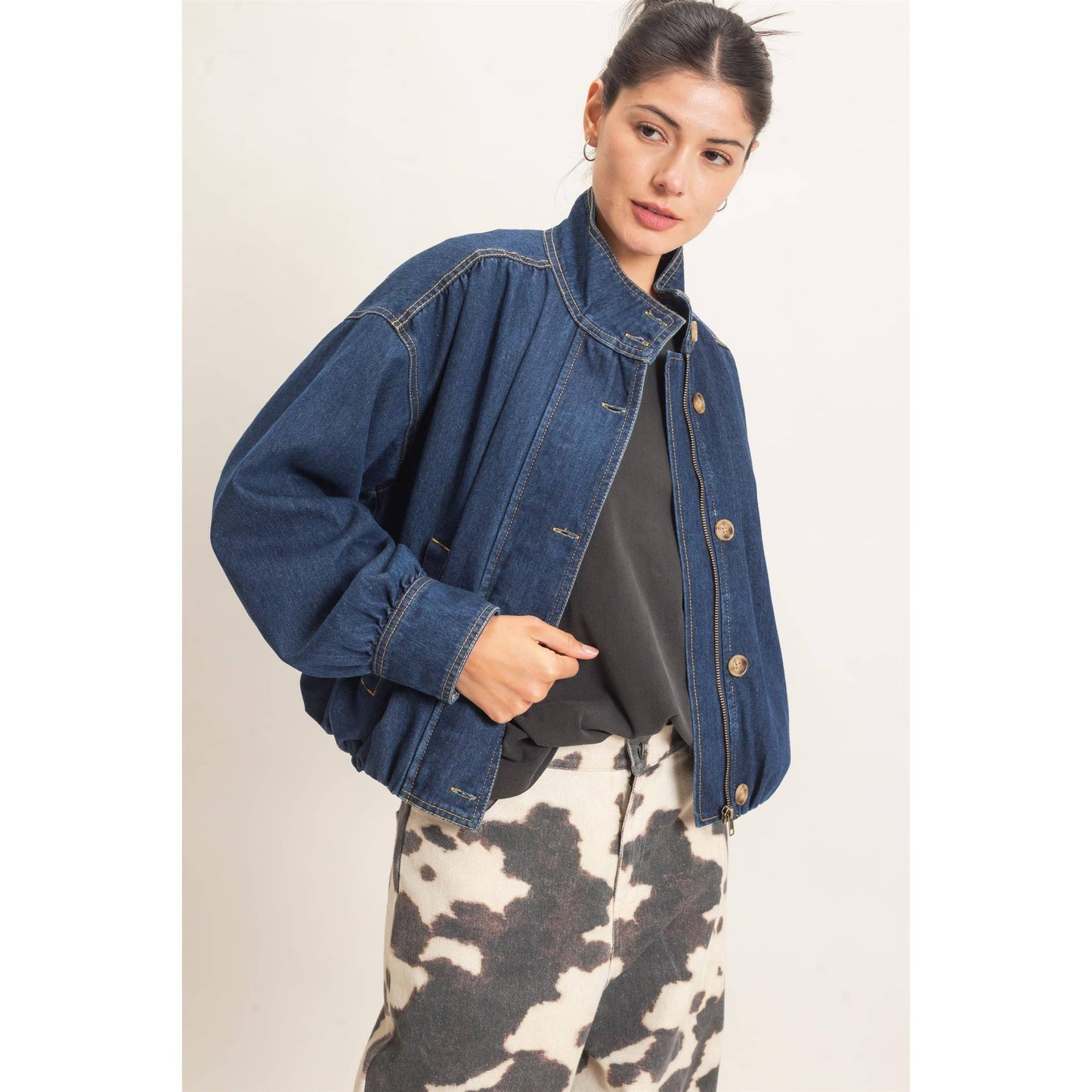 High Collar Denim Bomber Jacket