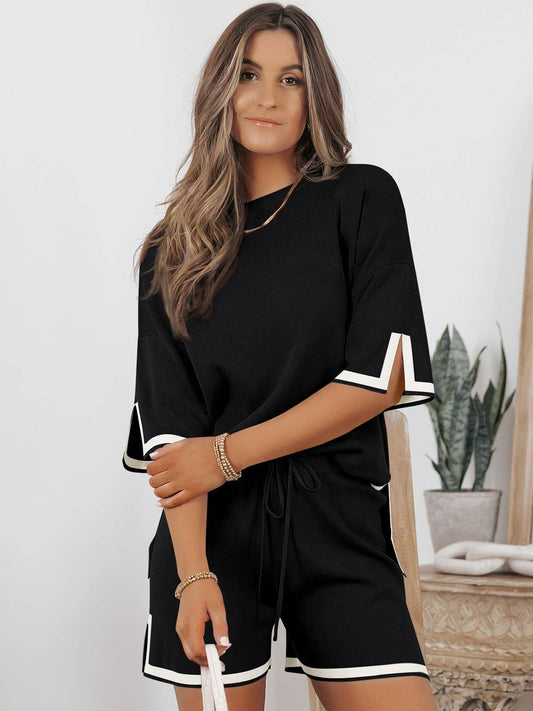 Contrast Trim Ribbed Knit Shorts Lounge Set