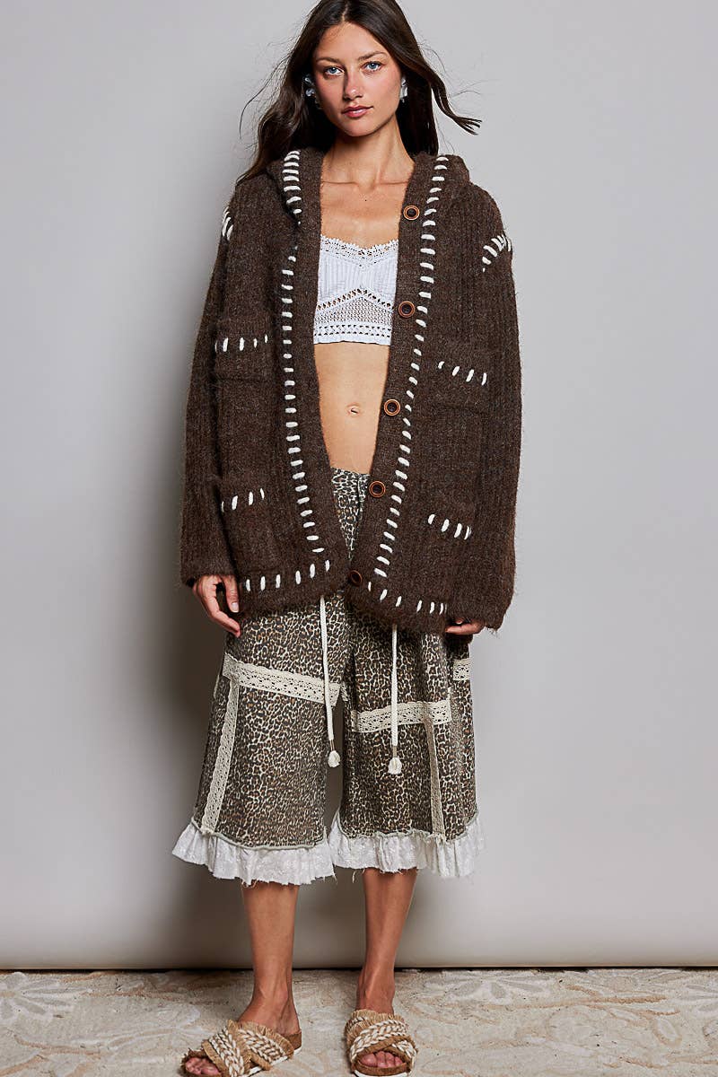 Pol Hooded Button Front Contrast Stitch Pocket Cardigan