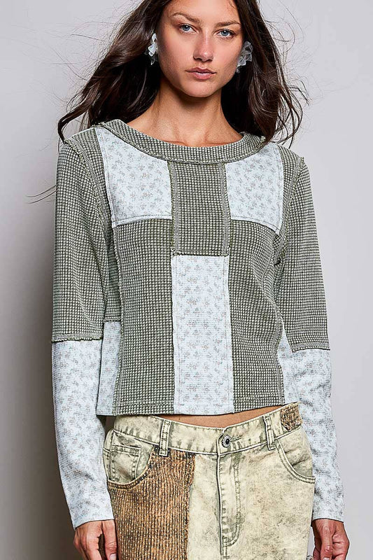 Pol Clothing Waffle Knit Contrast Patchwork Top