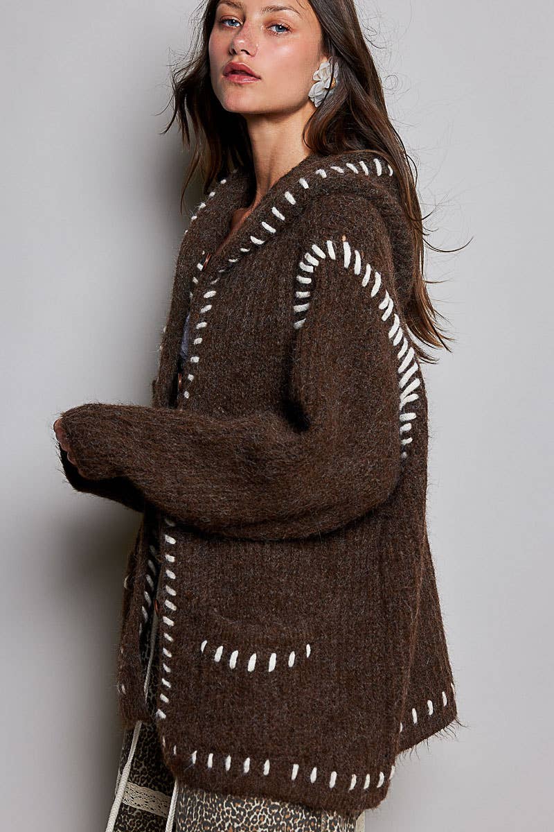 Pol Hooded Button Front Contrast Stitch Pocket Cardigan