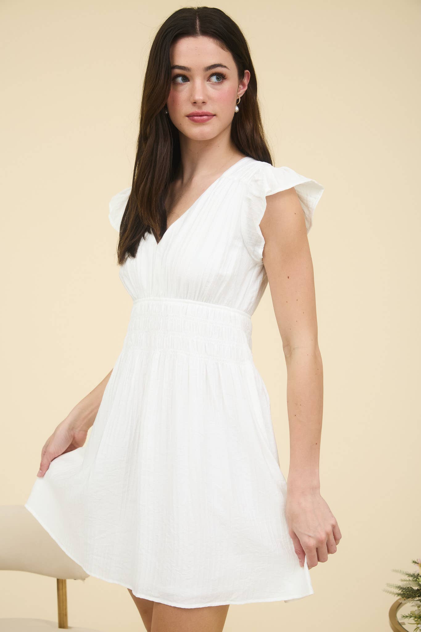 Blu Pepper V Neck Shirred Waist Ruffle Sleeve Mini Dress