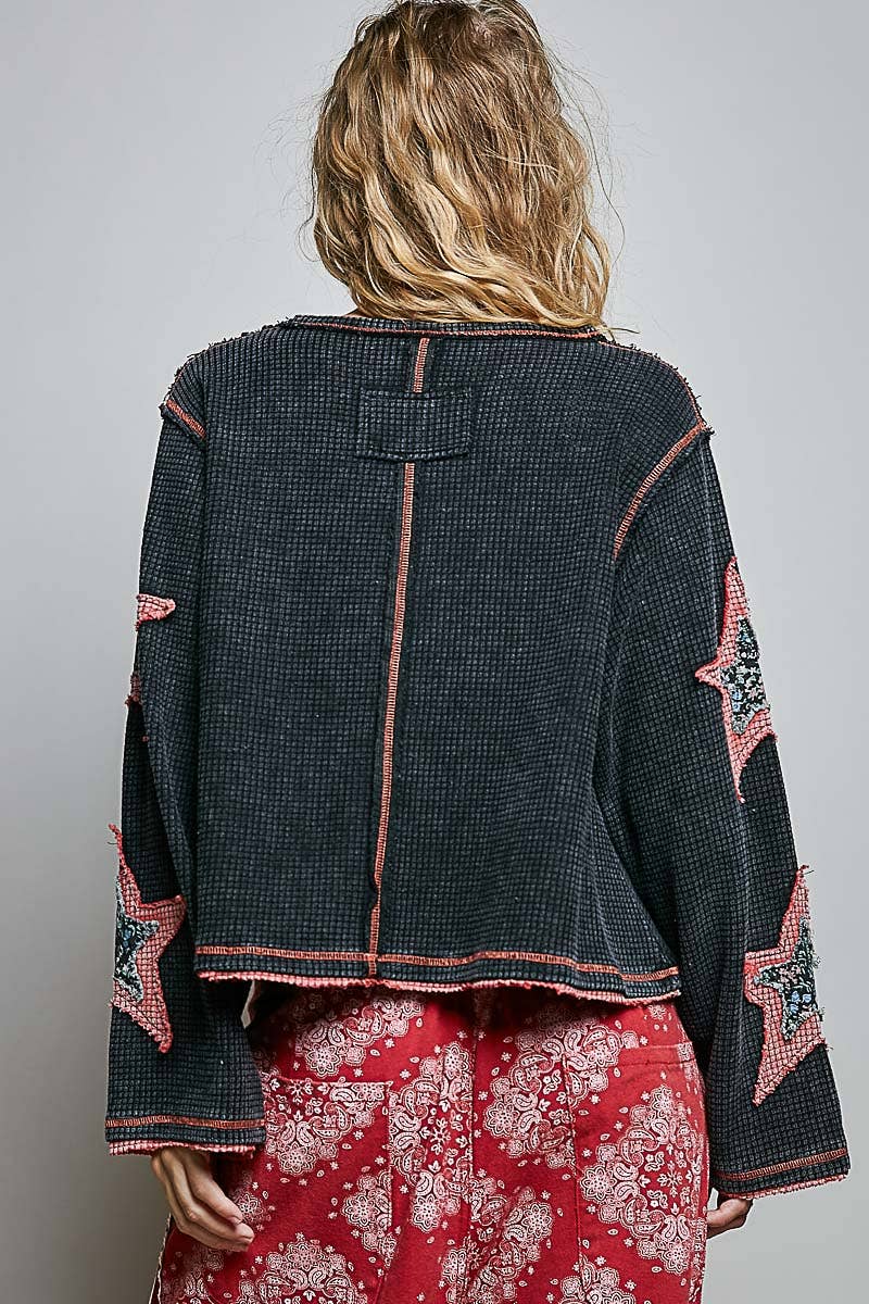 Pol Clothing Double Gauze Color Blocked Star Patch Solid Thermal Knit Top