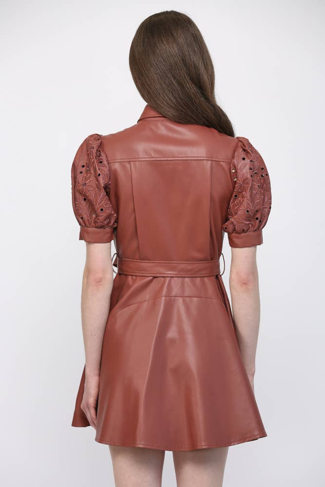 Faux Leather Embroidered Sleeve Dress