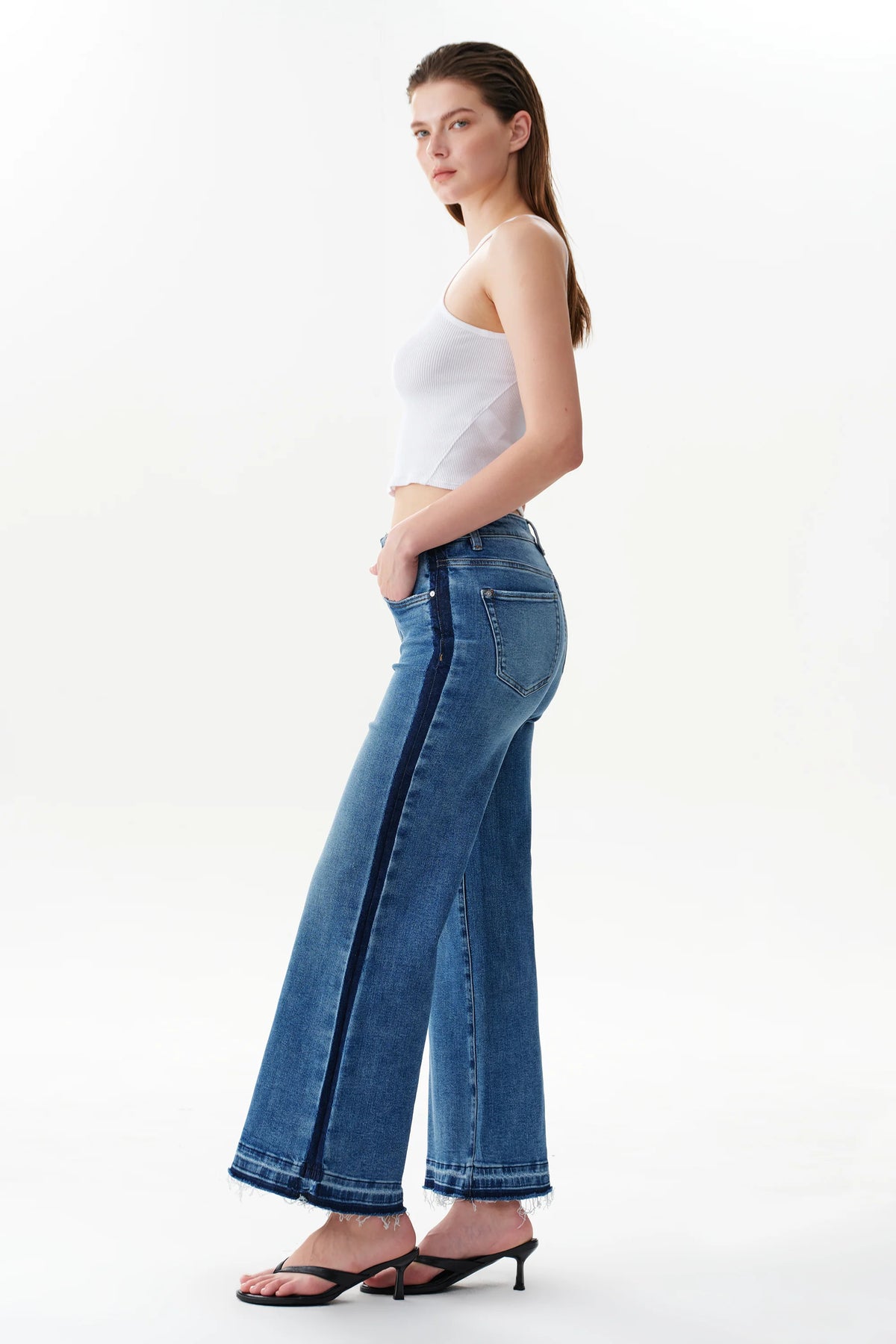Mid Rise Wide Leg Jeans Side Stripe