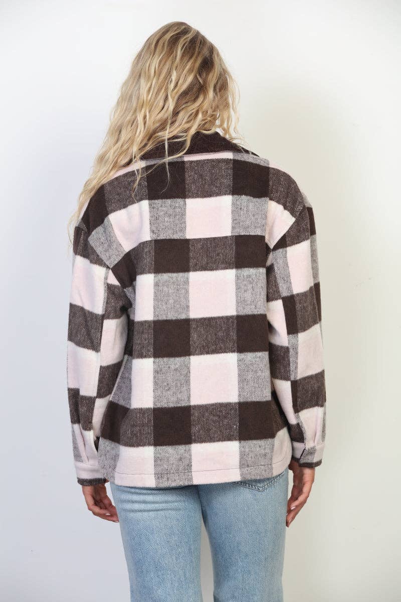 Wool Like Plaid Shacket With Contrast Corduroy Collar