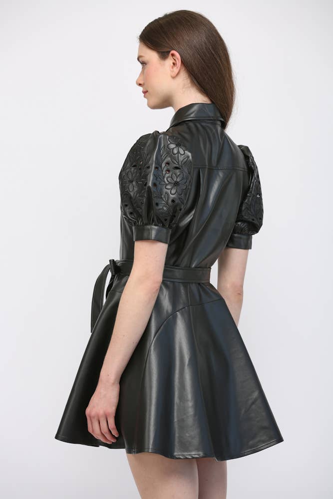 Faux Leather Embroidered Sleeve Dress