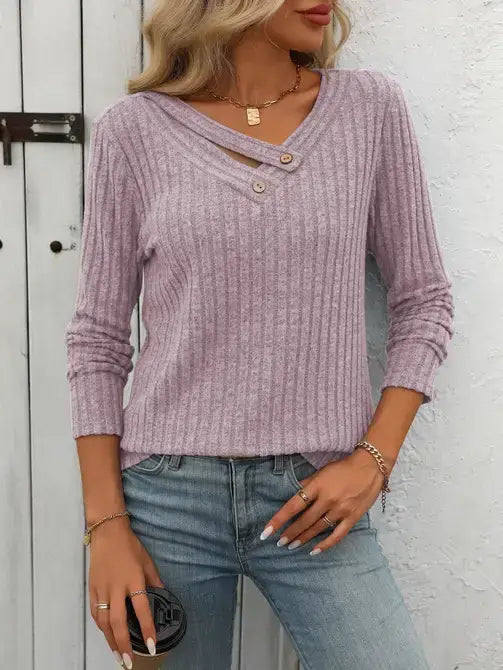 V-Neck Button Sweater with Long Sleeves