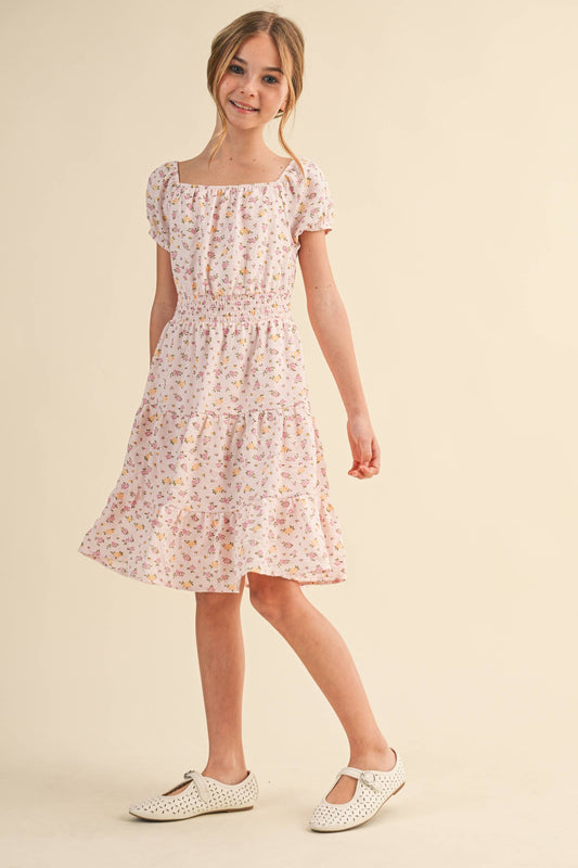 Tween Girls Peasant Puff Sleeve Smocked Waist