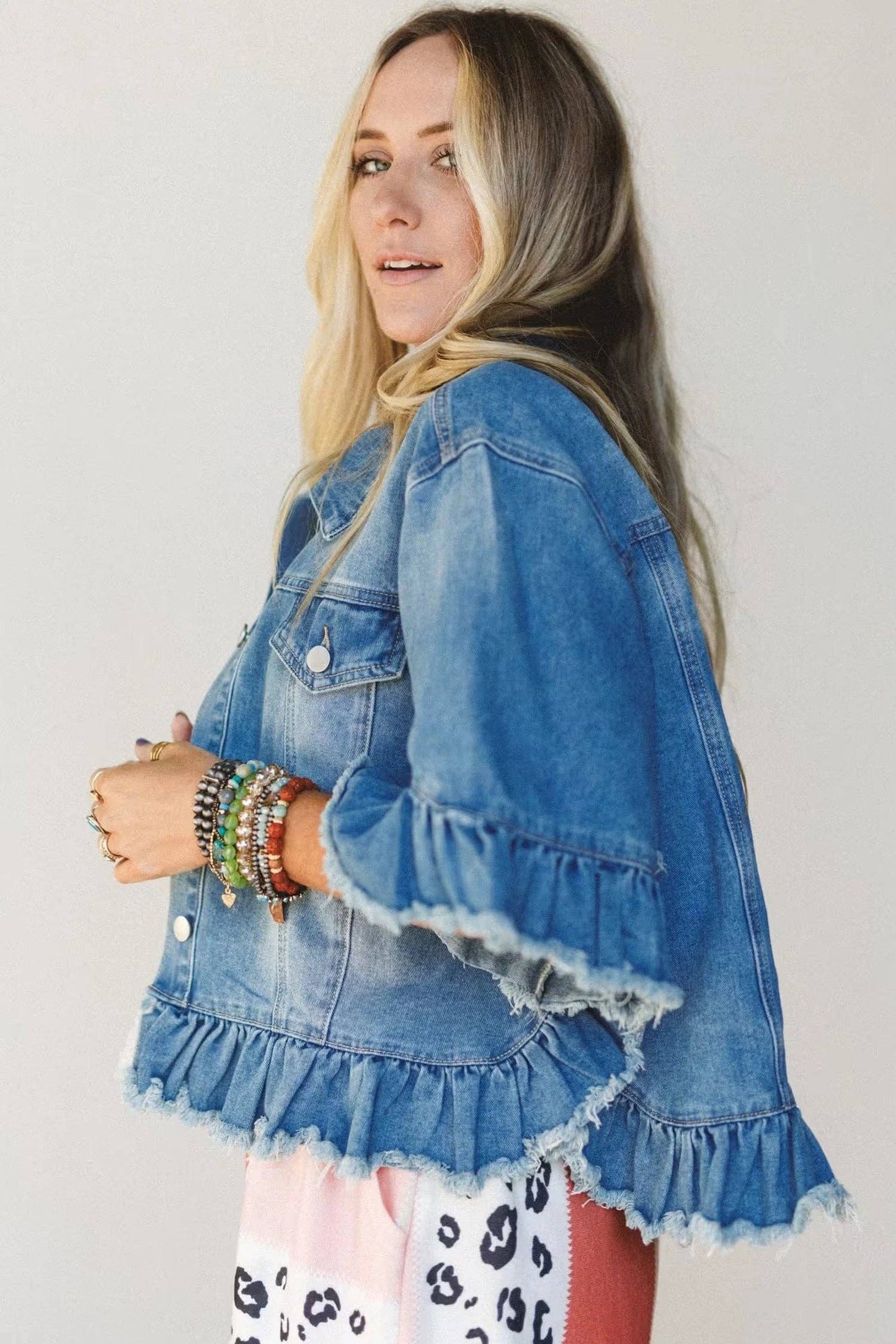 Ruffle Trim Cropped Western Denim Jacket Half Sleeve