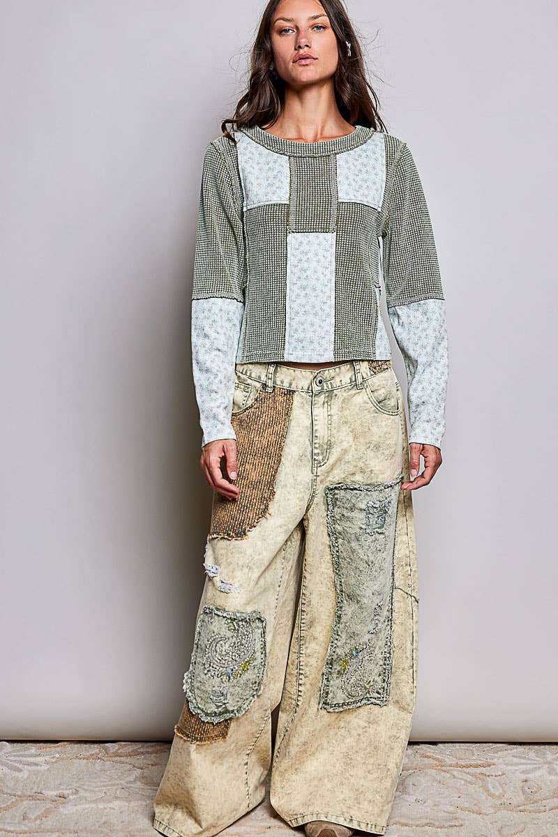 Pol Clothing Waffle Knit Contrast Patchwork Top