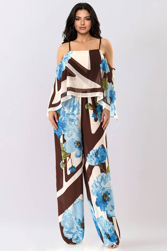 Floral Convertible Cape Sleeve Jumpsuit