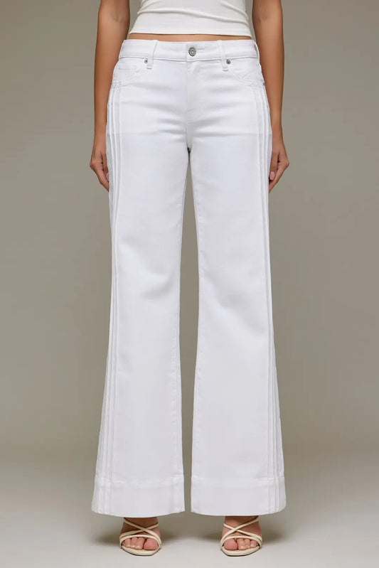 White Denim Pintuck Mid Rise Comfort Flare