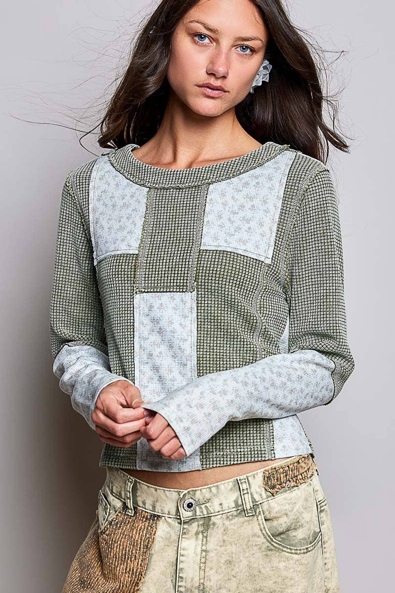 Pol Clothing Waffle Knit Contrast Patchwork Top