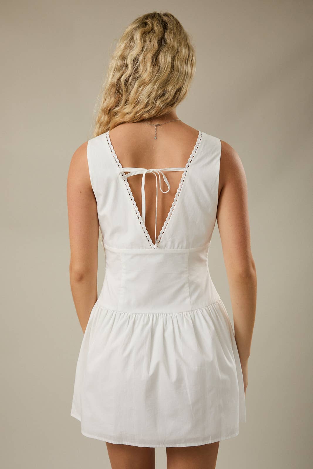 V-Neckline Poplin Mini Dress White Trim Detail