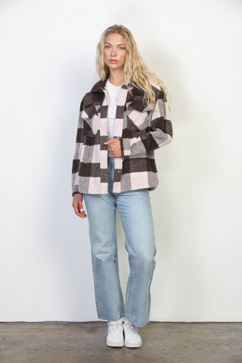 Wool Like Plaid Shacket With Contrast Corduroy Collar