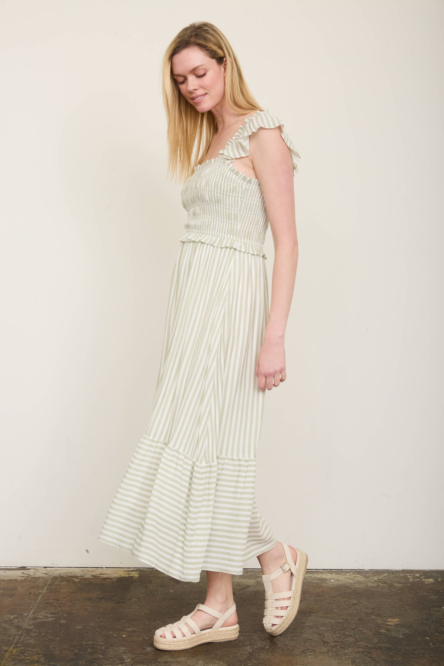 Blu Pepper Striped Smocked Ruffle Trim Midi Dress