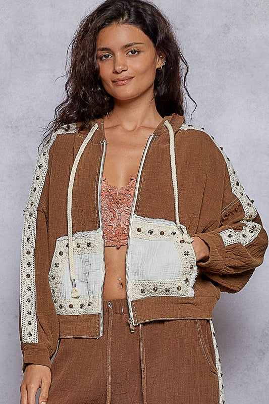 Pol Vintage Washing Double Gauze Stud Detail Hoodie Jacket