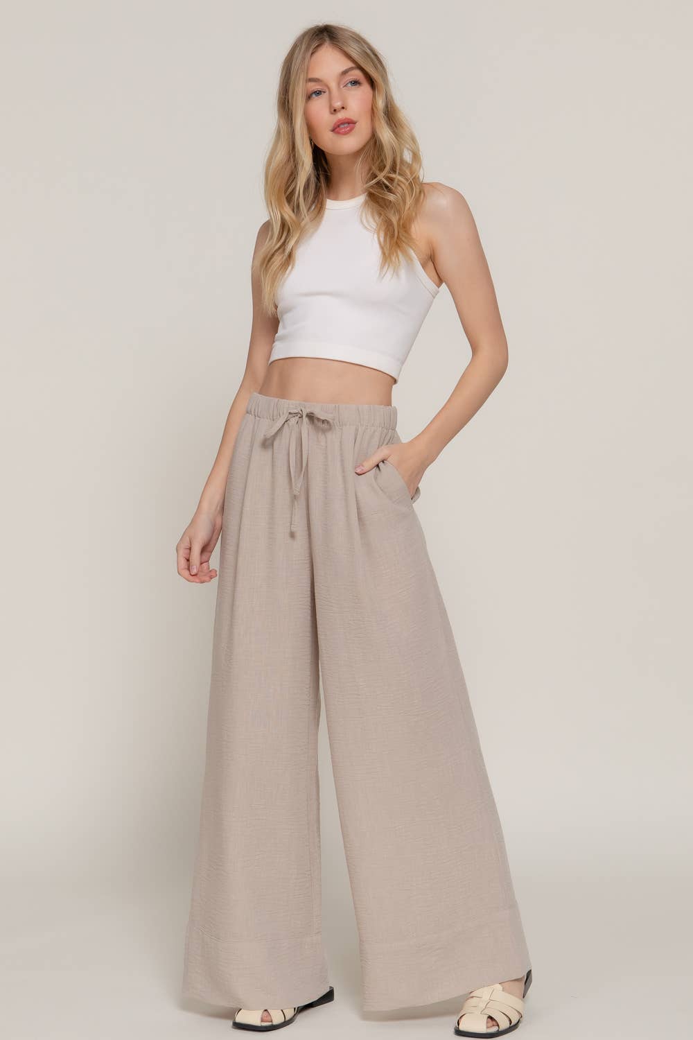 Linen Palazzo Pants Drawstring Waistband