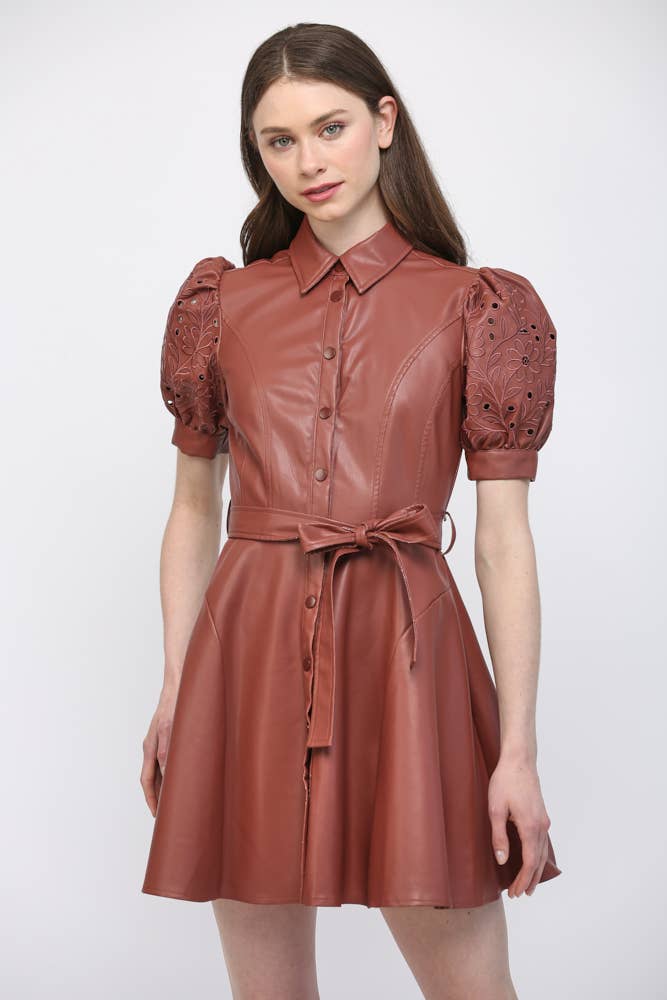 Faux Leather Embroidered Sleeve Dress