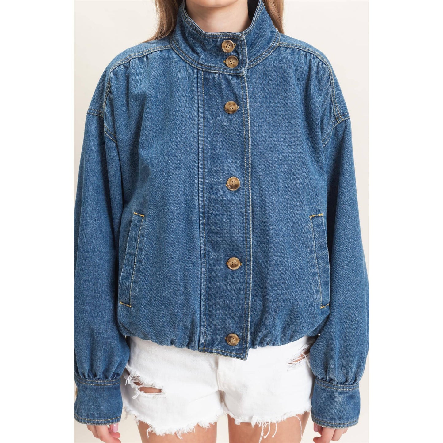 High Collar Denim Bomber Jacket