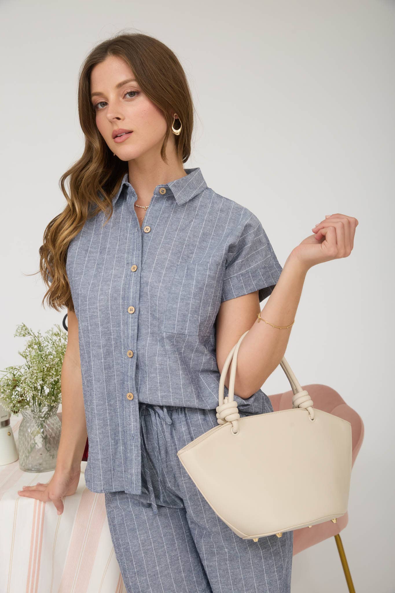 Blu Pepper Striped Linen Collared Short Sleeve Shirt