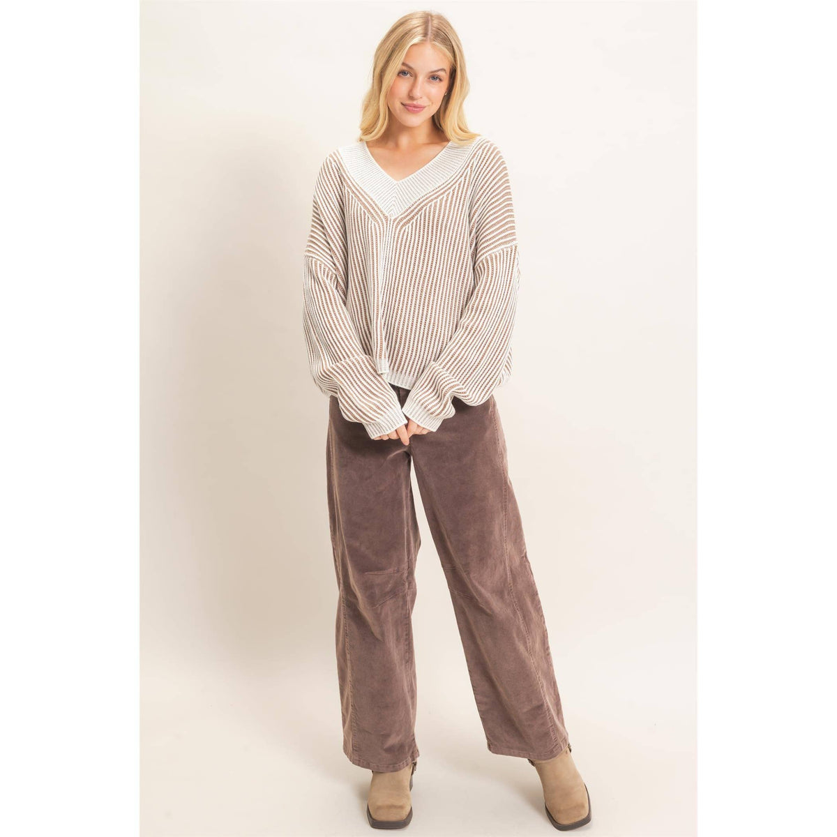 Striped V-Neck Ribbed Sweater