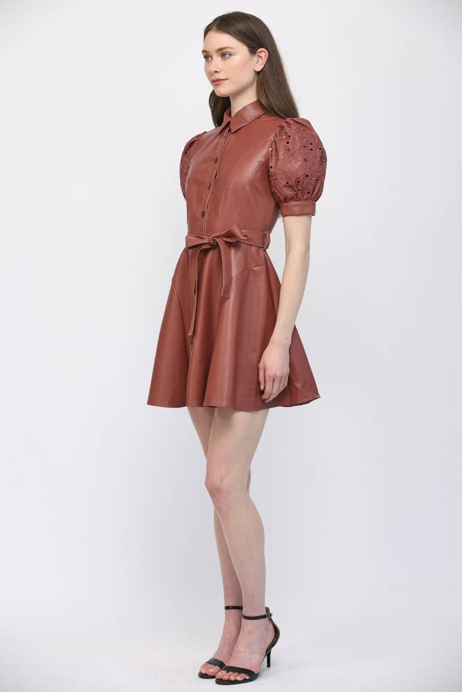 Faux Leather Embroidered Sleeve Dress