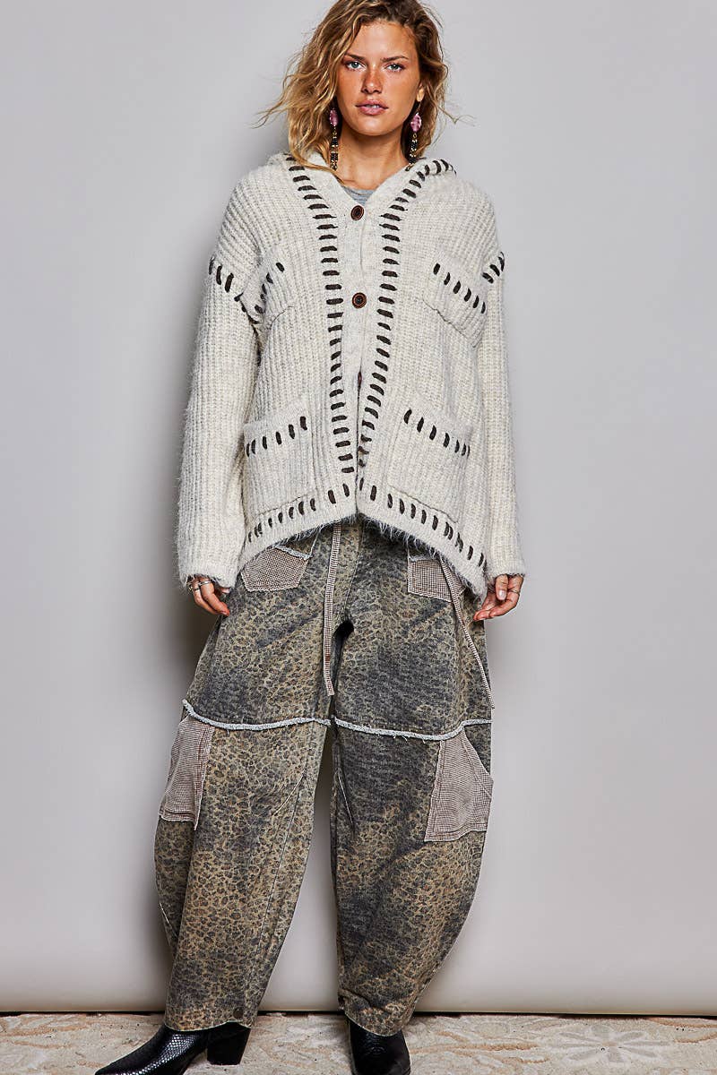 Pol Hooded Button Front Contrast Stitch Pocket Cardigan