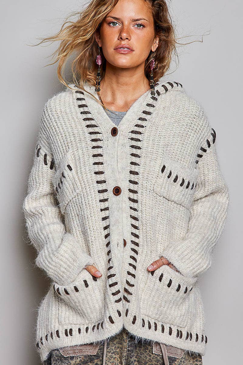 Pol Hooded Button Front Contrast Stitch Pocket Cardigan