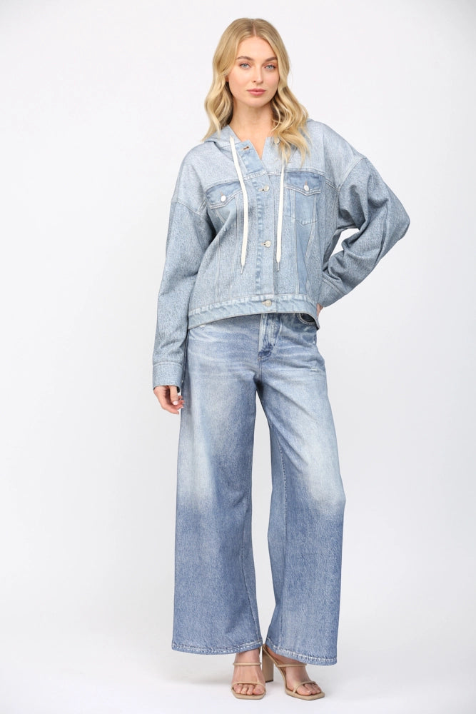 Look Like Denim Print Hooded French Terry Jacket
