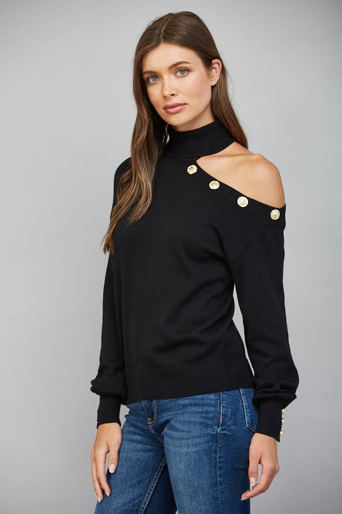 Asymmetrical One-Shoulder With Gold Button Detailing Turtleneck