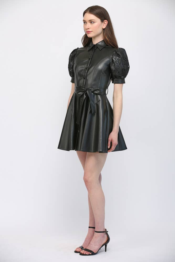 Faux Leather Embroidered Sleeve Dress