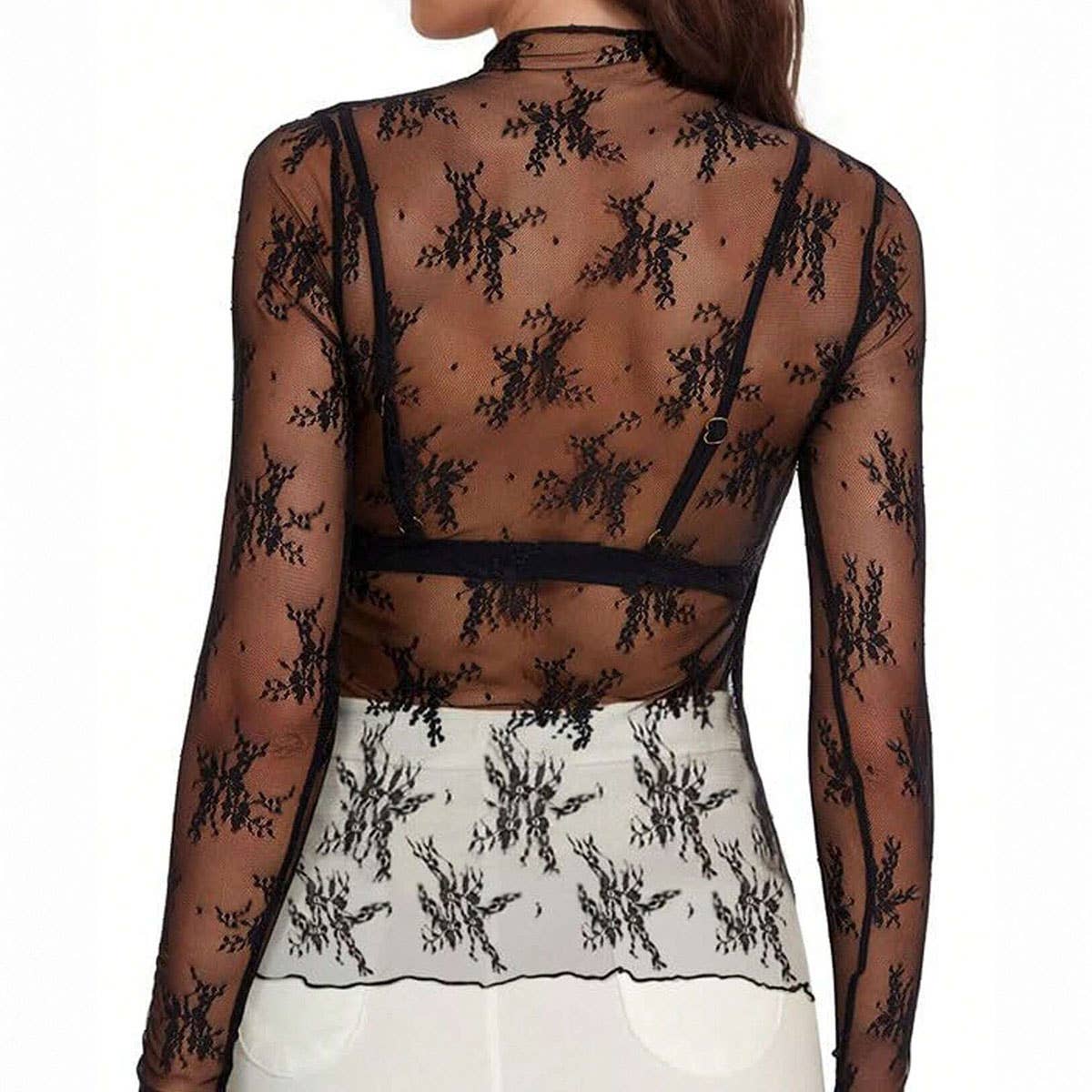 Semi Sheer Mesh Lace Sexy Slim Shirt