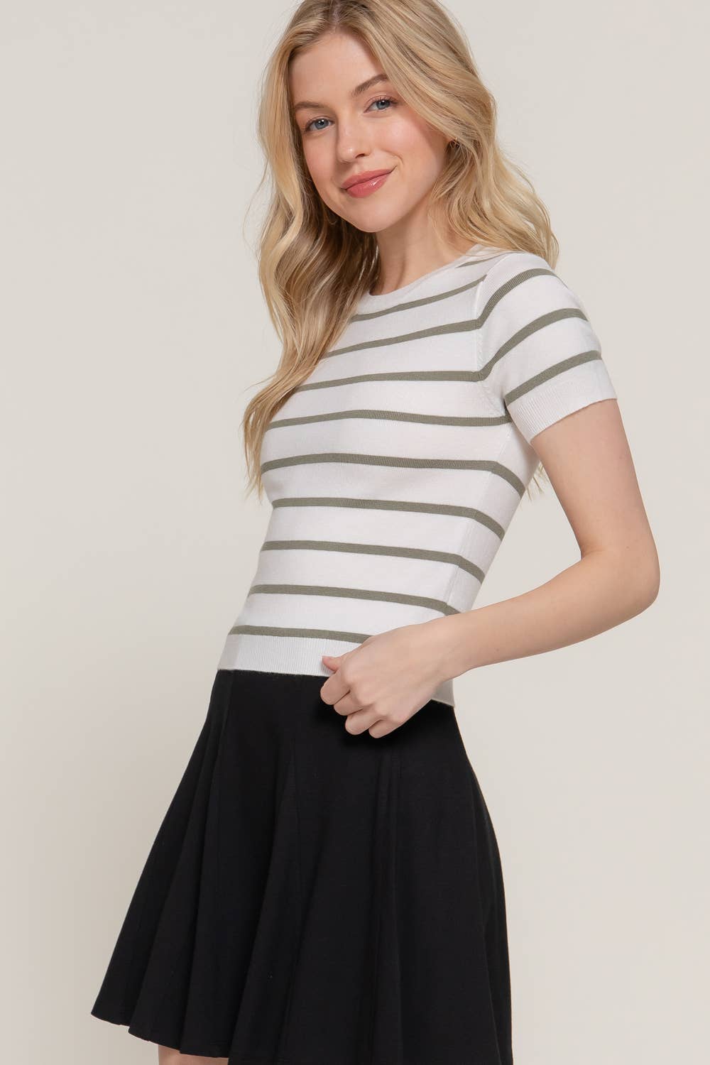 Short Sleeve Crew Neck Stripe Sweater