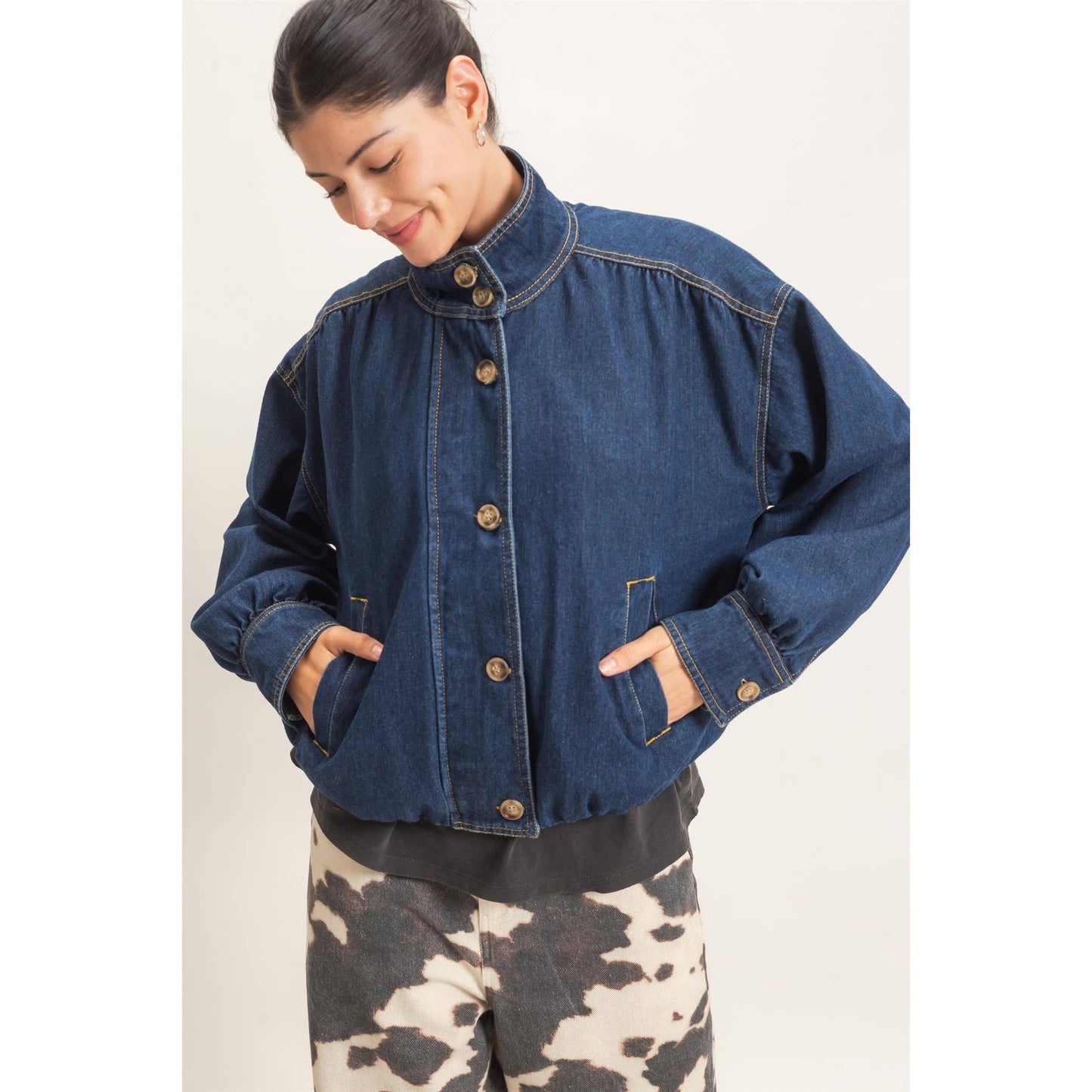 High Collar Denim Bomber Jacket