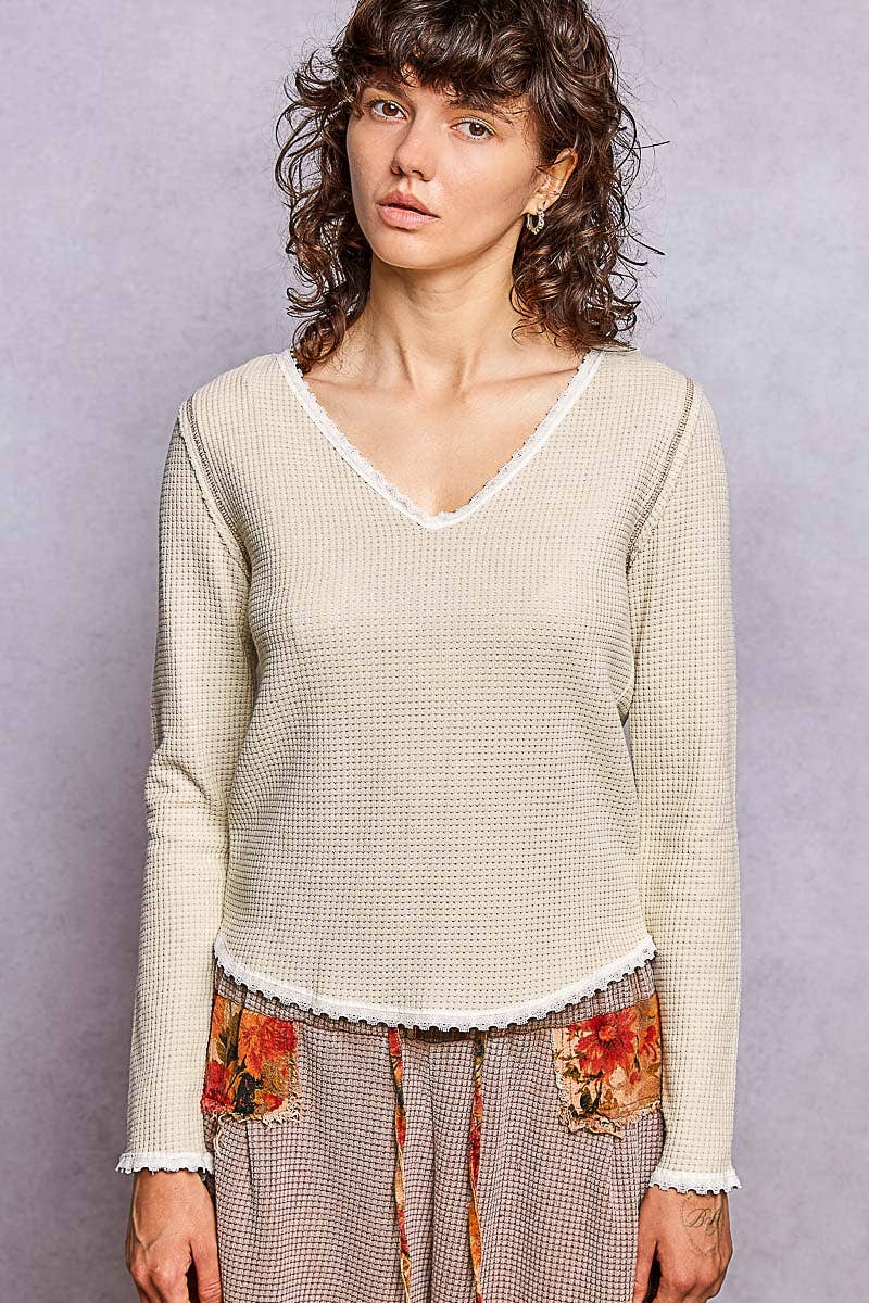 Pol Clothing Vintage Washing Solid Stitch Overlock Trim Knit Top