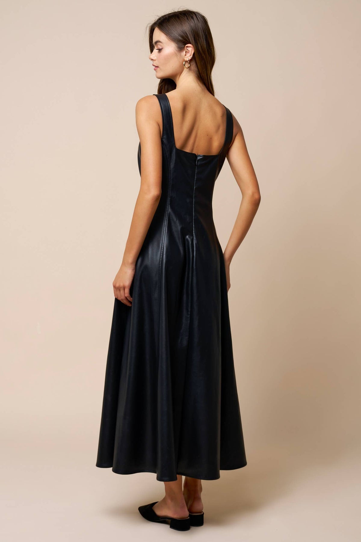 Faux Leather Sleeveless Flowy Maxi Dress