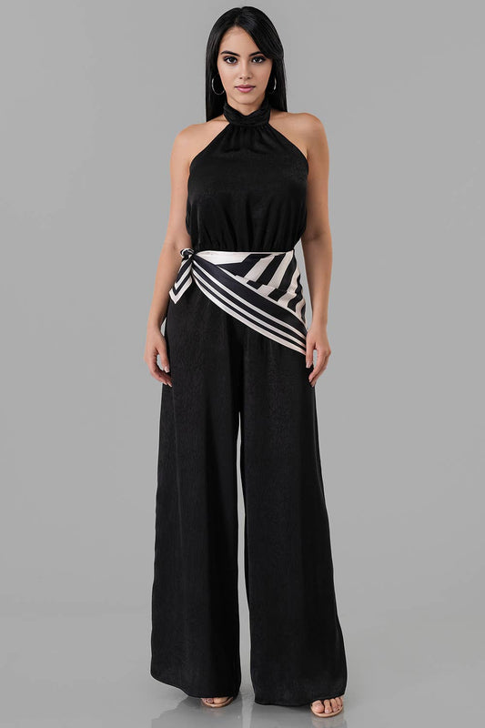 Satin Halter Neck Wide-Leg Jumpsuit with Scarf Detail