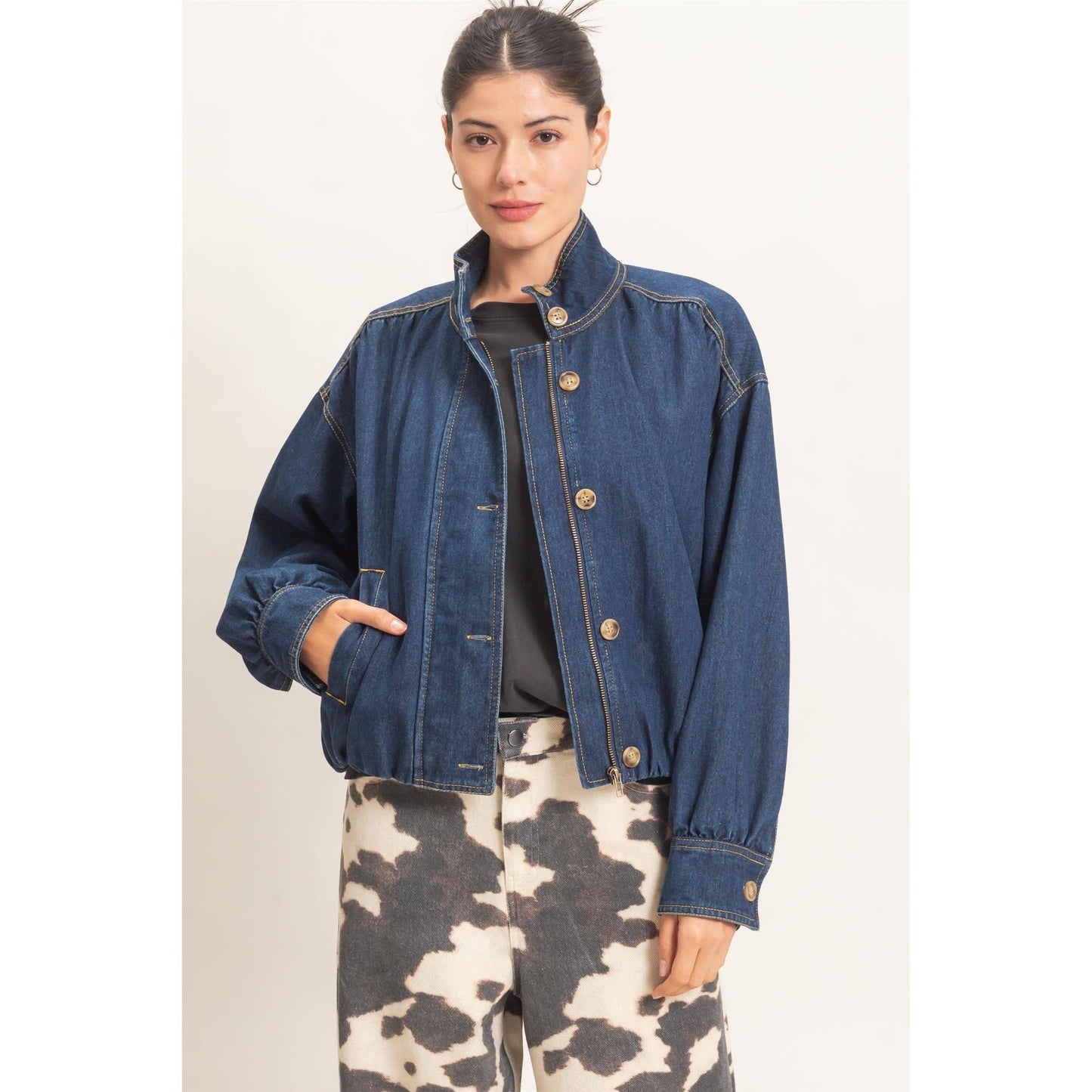 High Collar Denim Bomber Jacket